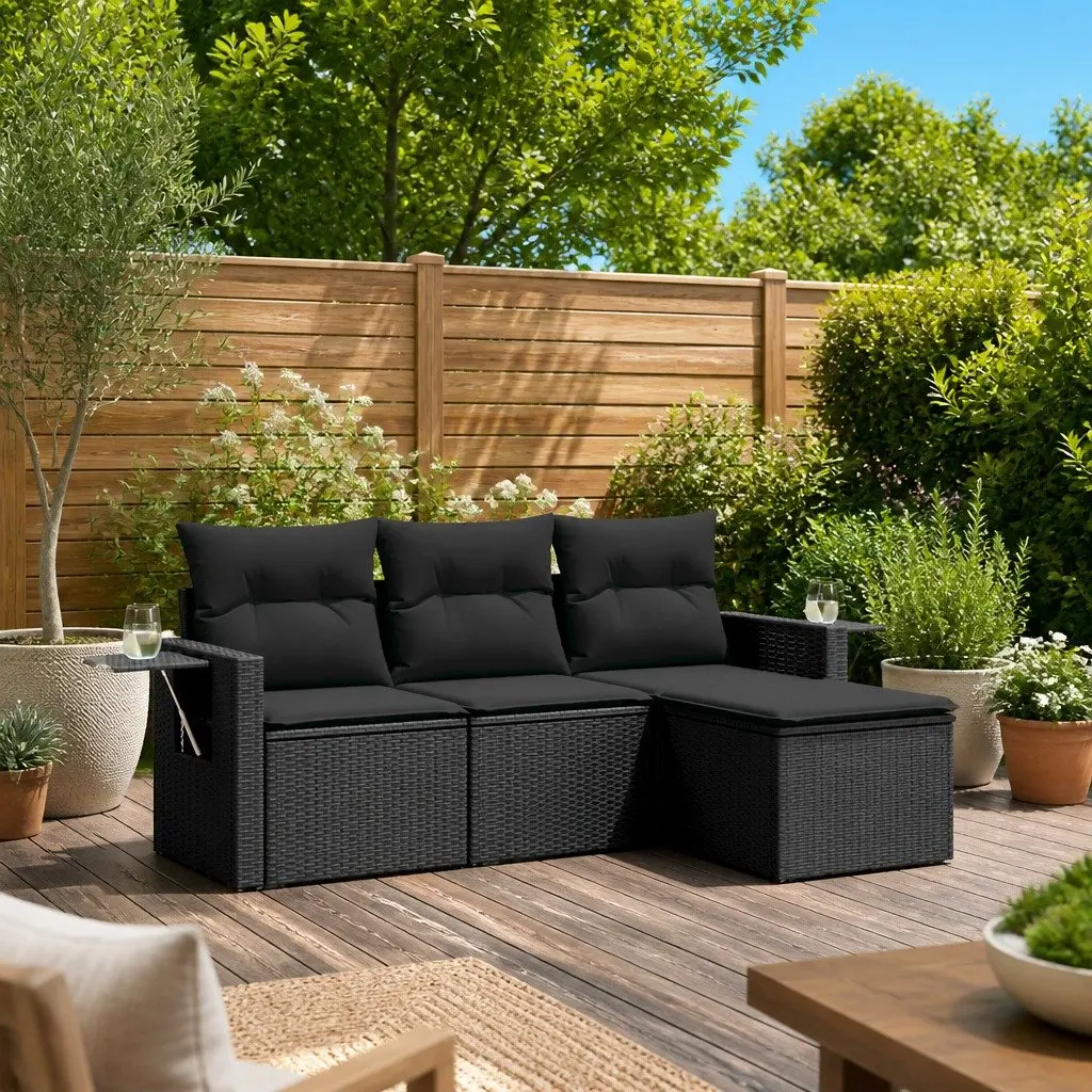 Garden Sofa Set 4 Piece Outdoor Furniture Black Poly Rattan Modular Patio