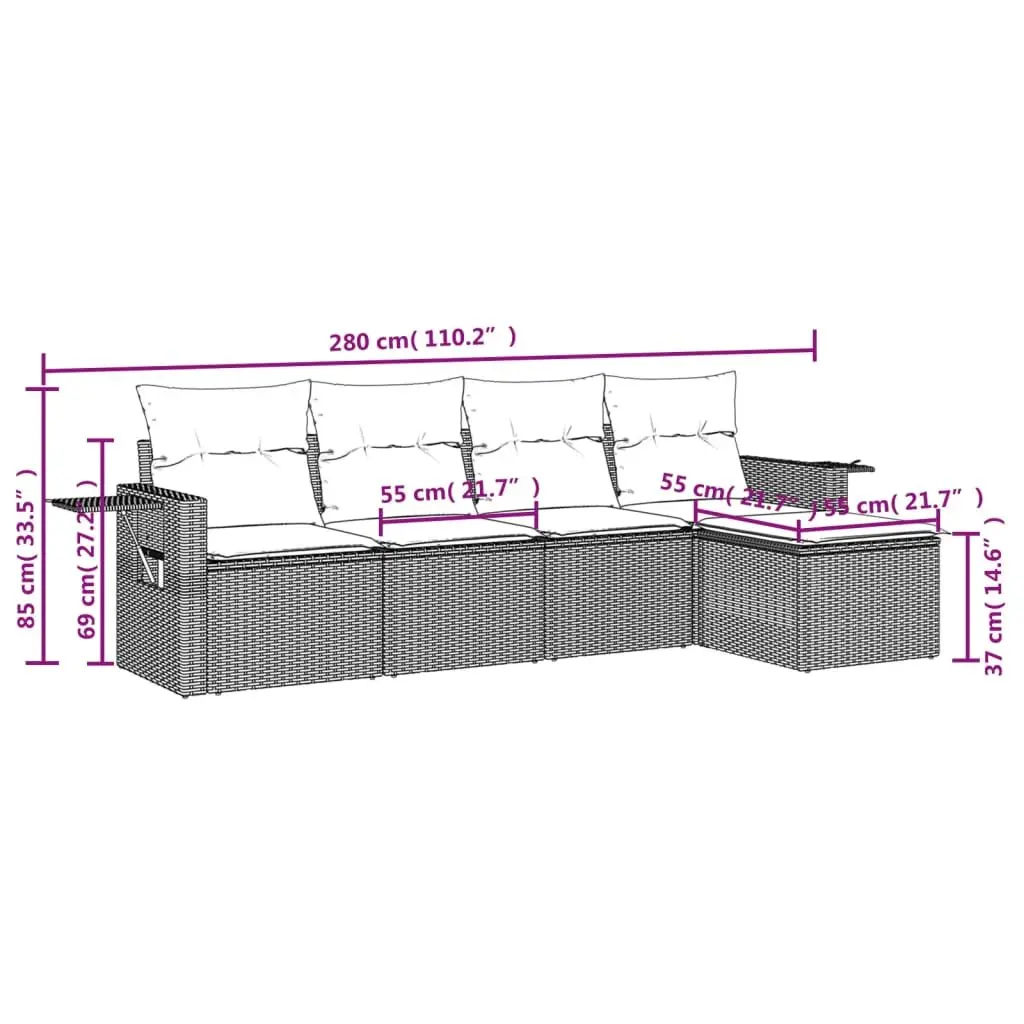 Modular Black Poly Rattan Patio Sofa Set with Cushions 5 Piece Outdoor Furniture