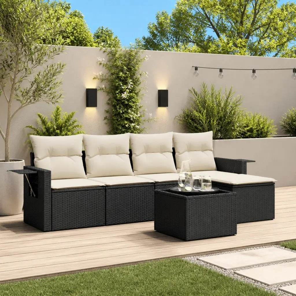 Garden Sofa Set 6 Piece Outdoor Furniture Black Poly Rattan with Cushions Table