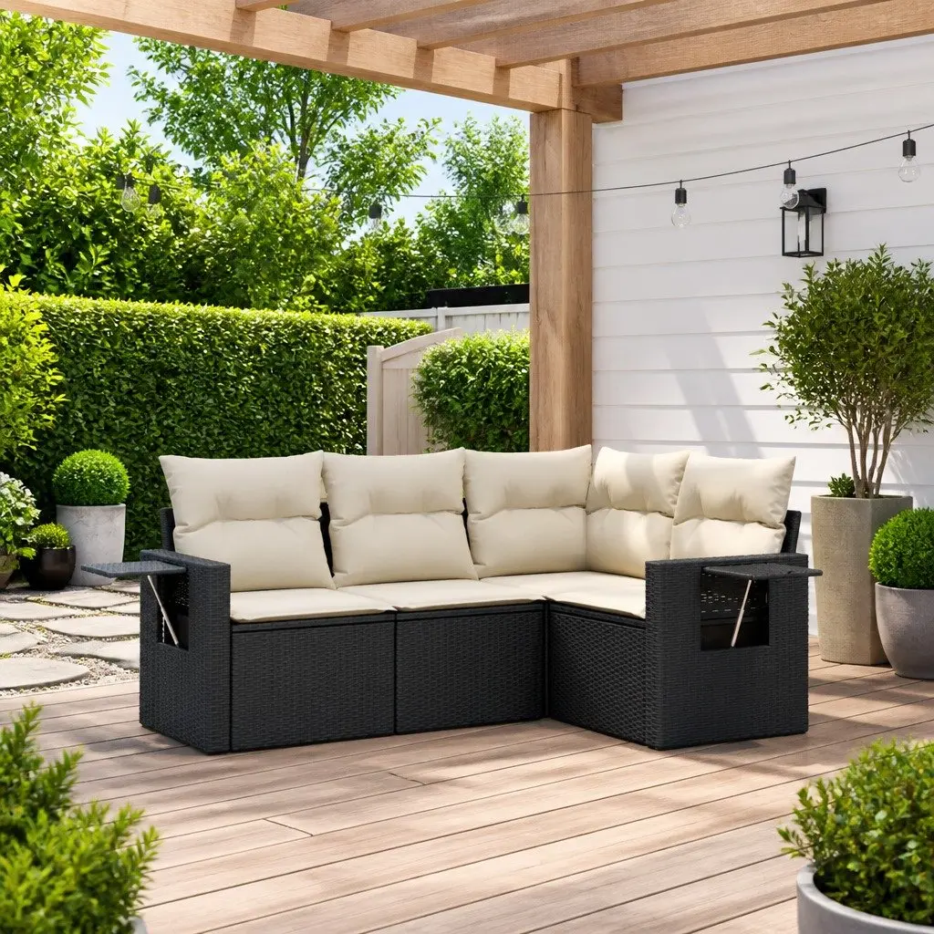 Garden Sofa Set 4 Piece Outdoor Furniture Black Poly Rattan Patio Lounge