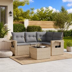 Outdoor Garden Sofa Set 5 Piece Patio Furniture with Cushions Beige Rattan