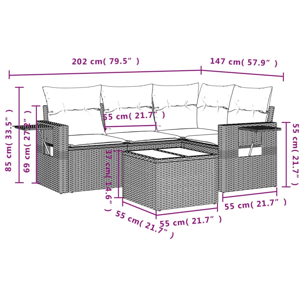 5PieceModularGardenSofaSetGreyPatioRattanWithCushions