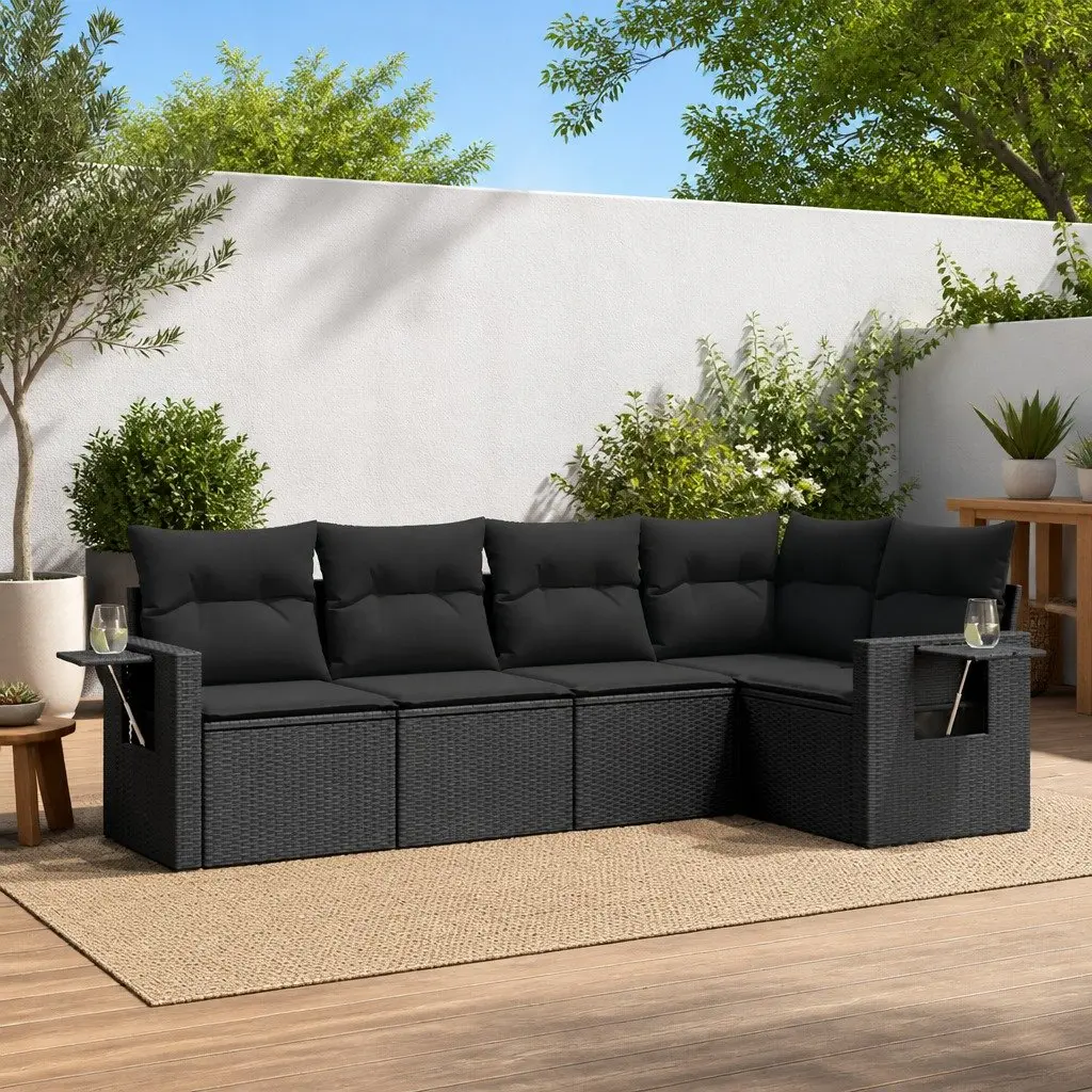 Garden Sofa Set Modular 5 Piece Outdoor Furniture Black Poly Rattan