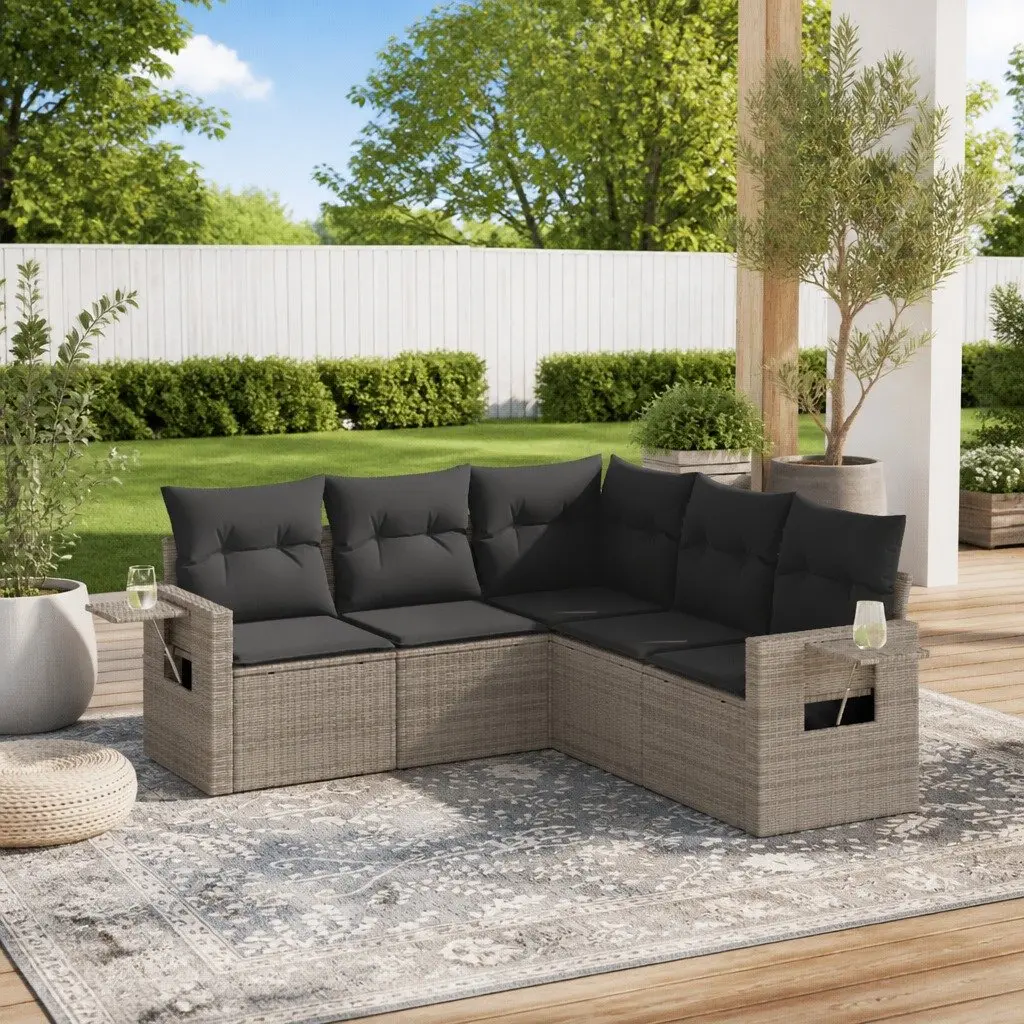 5 Piece Modular Outdoor Sofa Set Grey PE Rattan with Padded Cushions and Foldable Side Tables