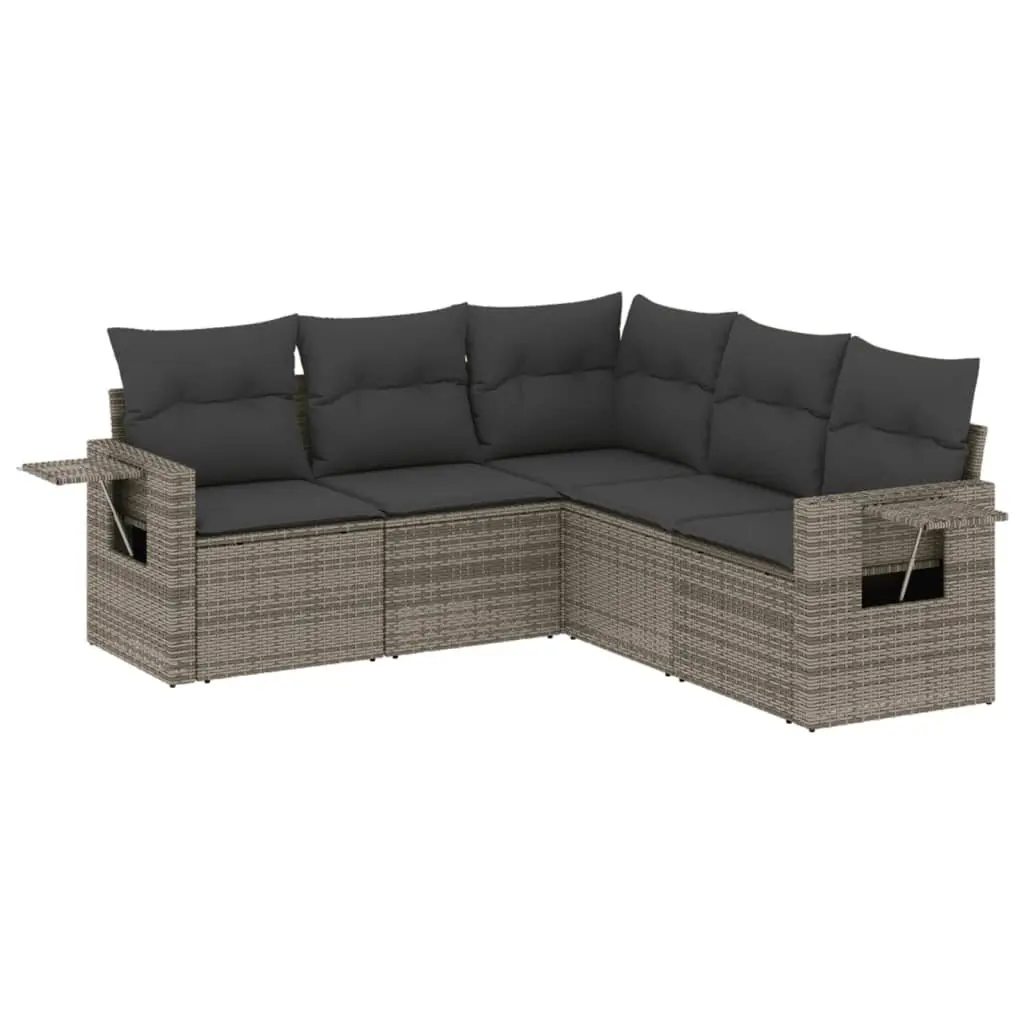 5 Piece Modular Outdoor Sofa Set Grey PE Rattan with Padded Cushions and Foldable Side Tables