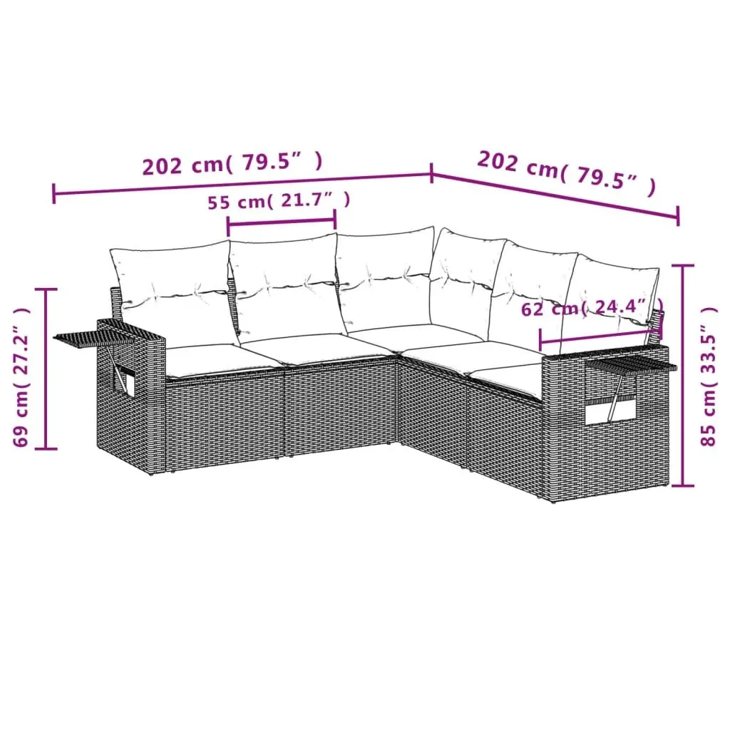 5 Piece Modular Outdoor Sofa Set Grey PE Rattan with Padded Cushions and Foldable Side Tables