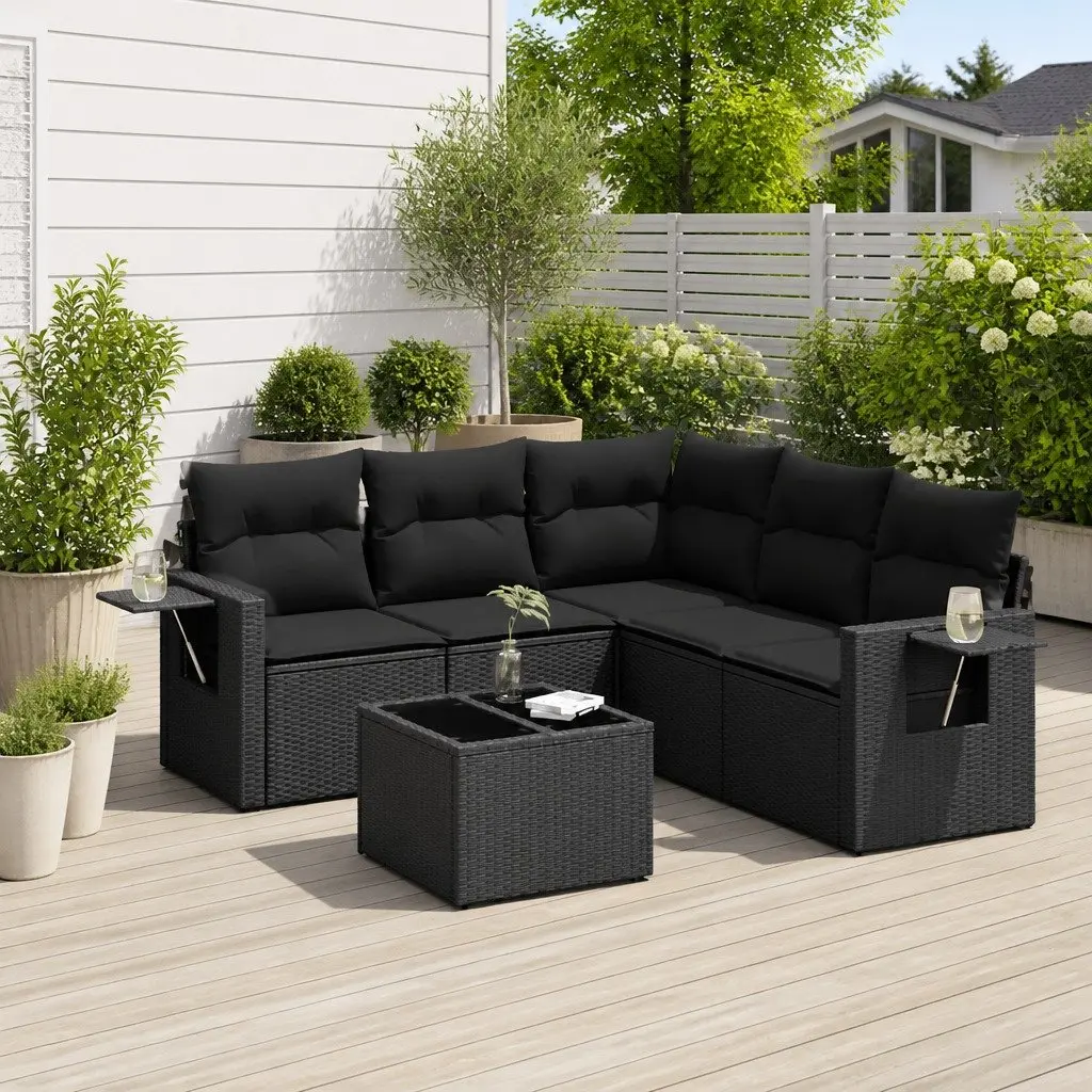 Garden Sofa Set 6 Piece Black Poly Rattan Outdoor Furniture with Cushions Table