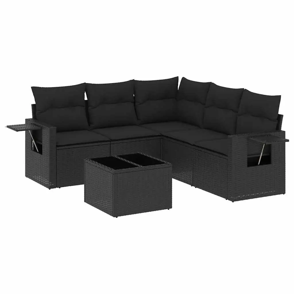 Garden Sofa Set 6 Piece Black Poly Rattan Outdoor Furniture with Cushions Table