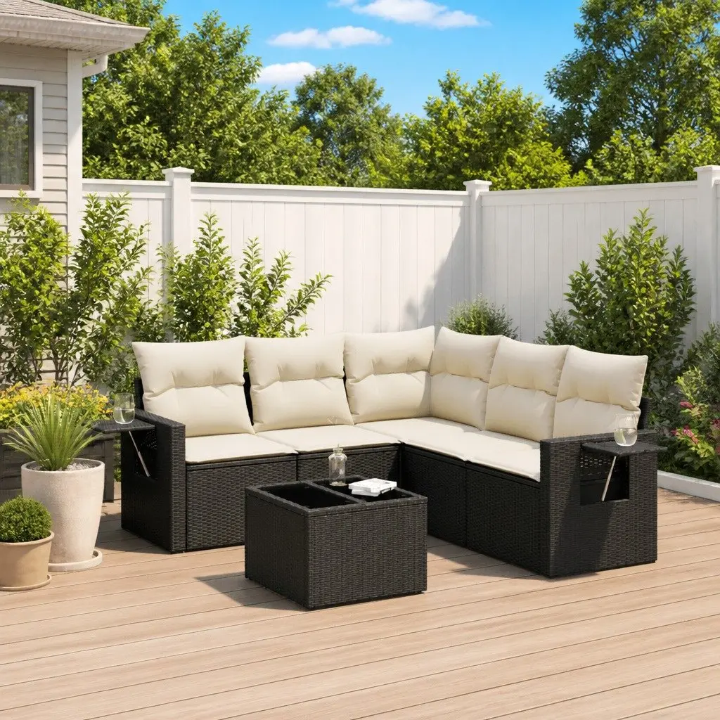 Outdoor Furniture Sofa Set 6 Piece Modular Black Rattan with Cushions