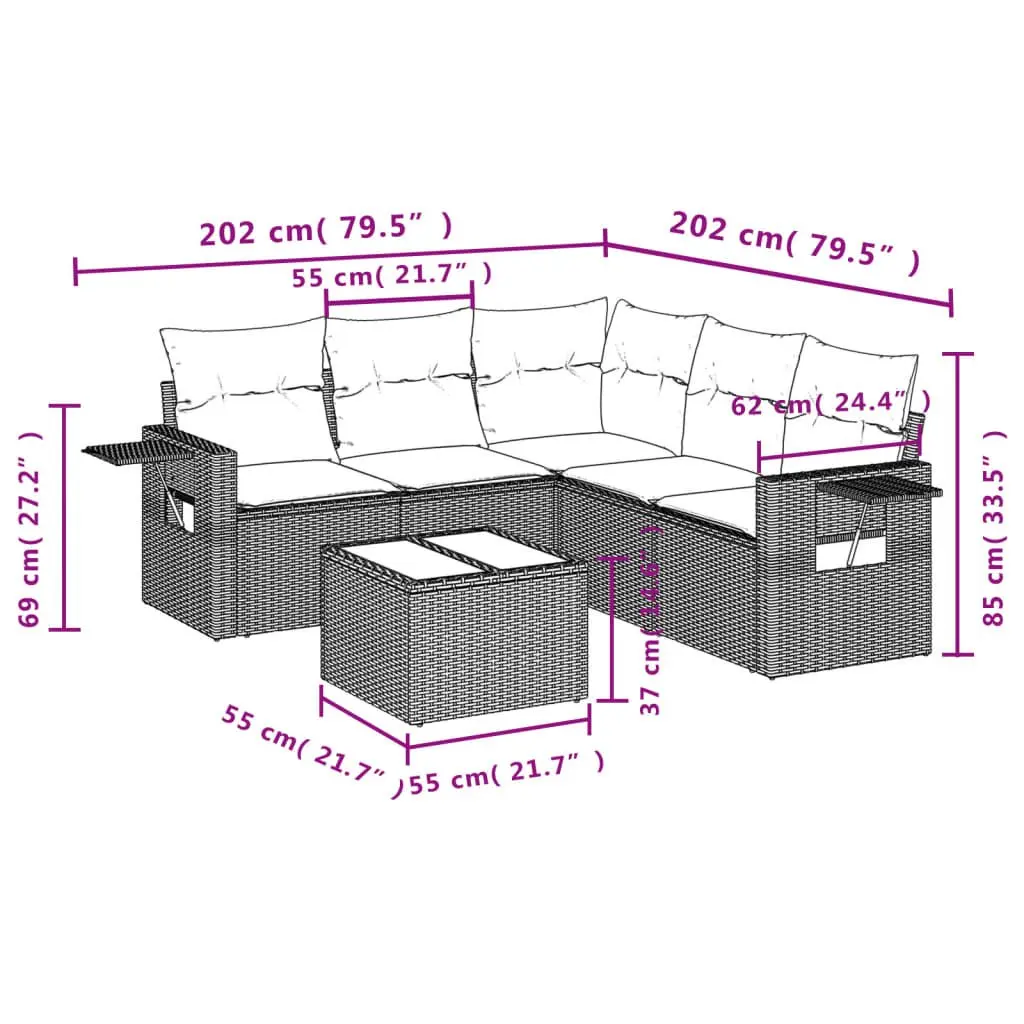 Outdoor Furniture Sofa Set 6 Piece Modular Black Rattan with Cushions