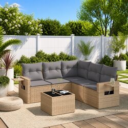 Outdoor Garden Sofa Set 6 Piece Beige Poly Rattan Patio Furniture with Cushions