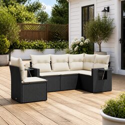 Outdoor Garden Sofa Set 5 Piece Black Poly Rattan Patio Furniture with Cushions