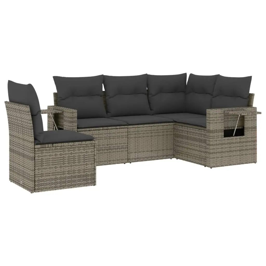 5 Piece Outdoor Sofa Set Grey PE Rattan Patio Furniture with Cushions and Foldable Side Tables