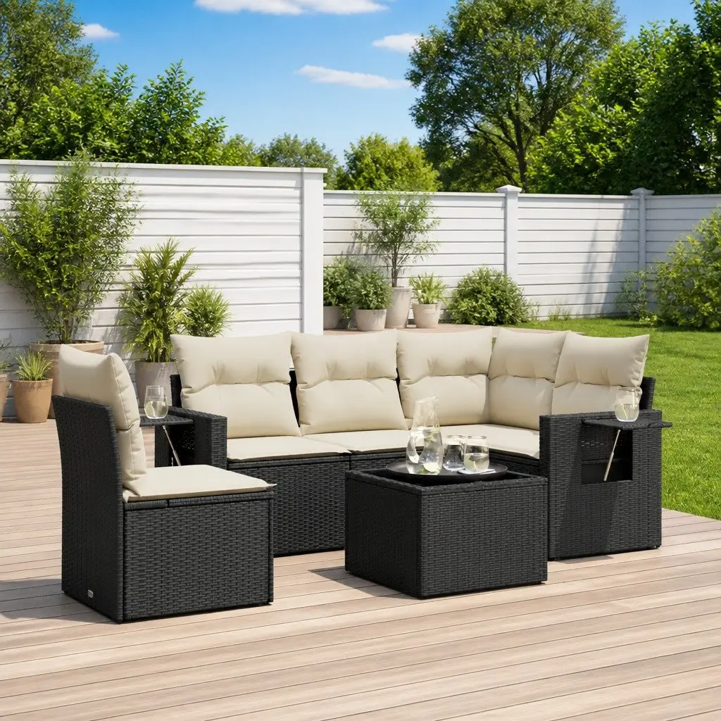 Garden Sofa Set 6 Piece Outdoor Furniture Black Poly Rattan Modular Patio Lounge