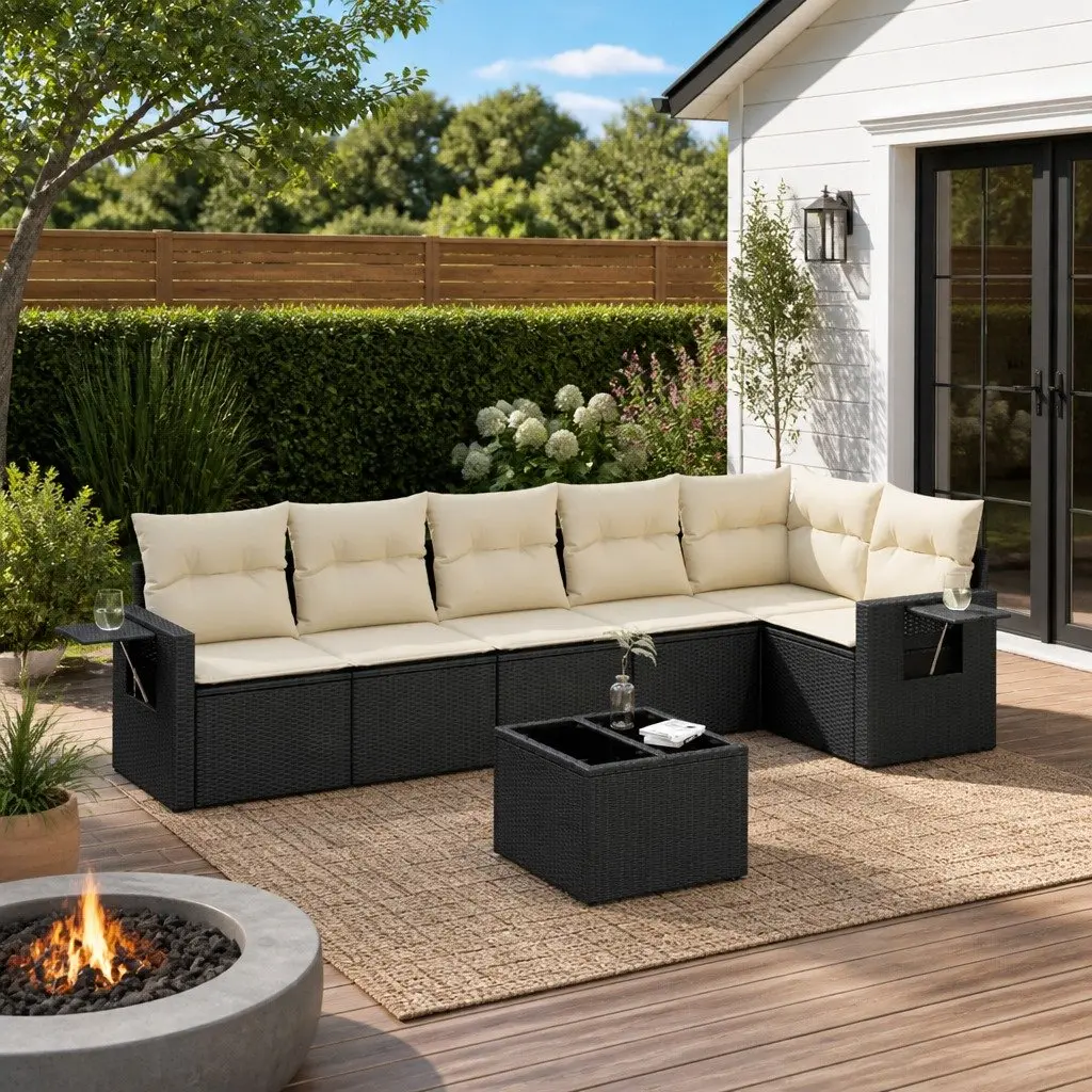 7 Piece Modular Patio Sofa Set Black PE Rattan Outdoor Furniture with Cushions