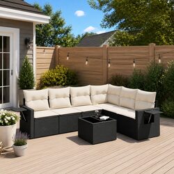 7 Piece Garden Sofa Set Outdoor Patio Furniture Black PE Rattan with Cushions