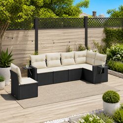 Garden Sofa Set 6 Piece Outdoor Furniture Black Poly Rattan Patio Seating with