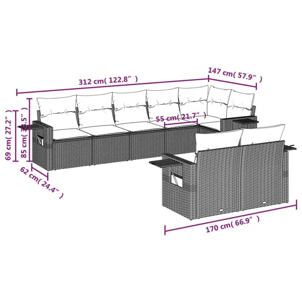 Outdoor Garden Sofa Set 8 Piece Black Poly Rattan Patio Furniture with Cushions