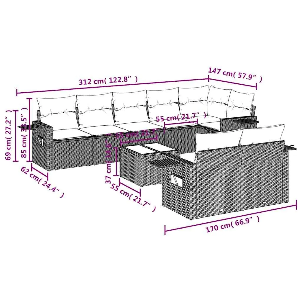 9 Piece Outdoor Garden Sofa Set Black Poly Rattan Patio Furniture with Cushions