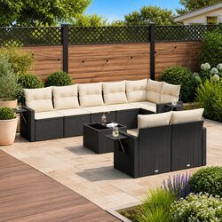 Garden Sofa Set 9 Piece Outdoor Patio Furniture with Cushions Black Rattan