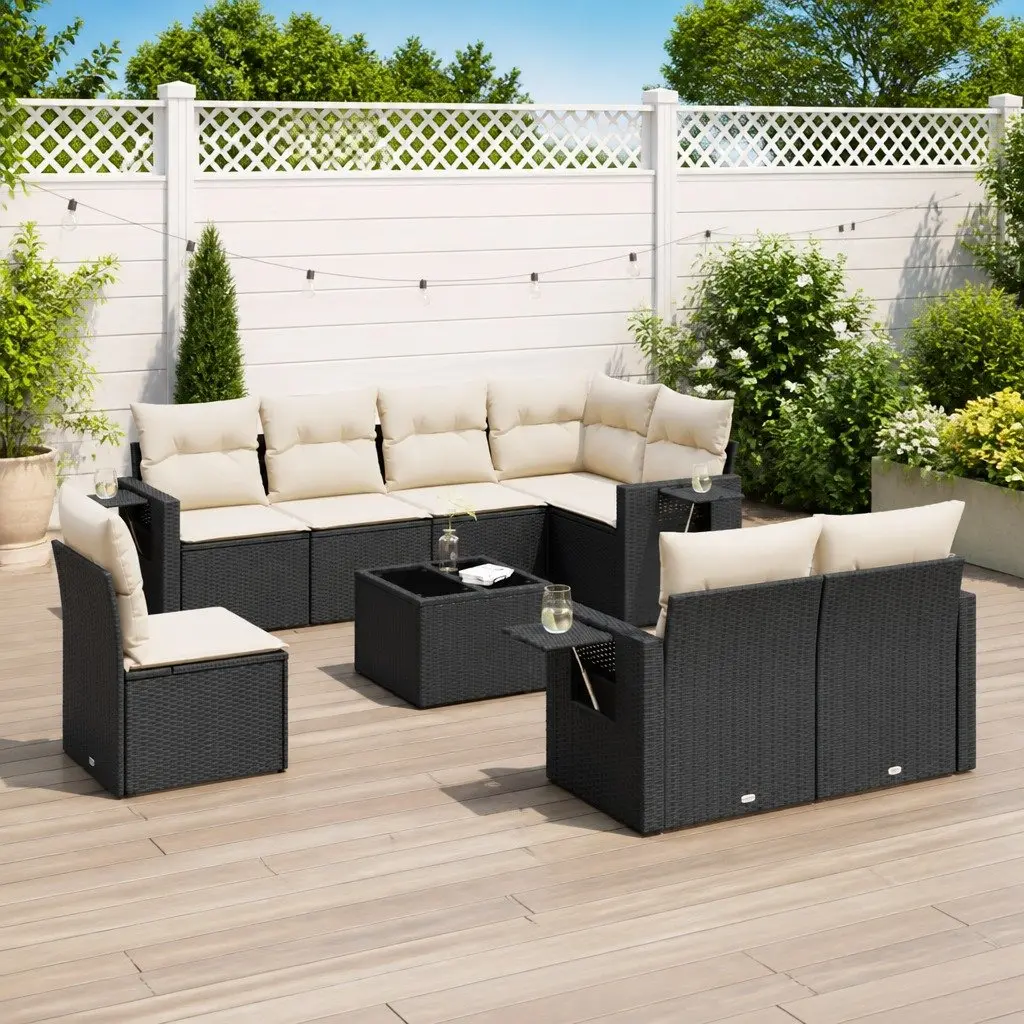 9 Piece Garden Sofa Set Outdoor Patio Furniture Black Poly Rattan with Cushions