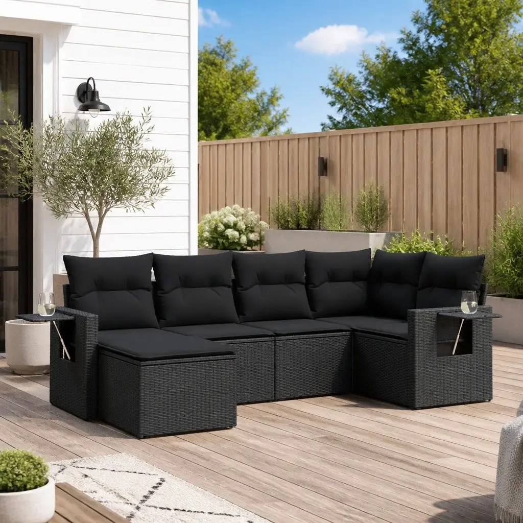 Modular Outdoor Furniture Set 6 Piece Black PE Rattan Sofa with Cushions