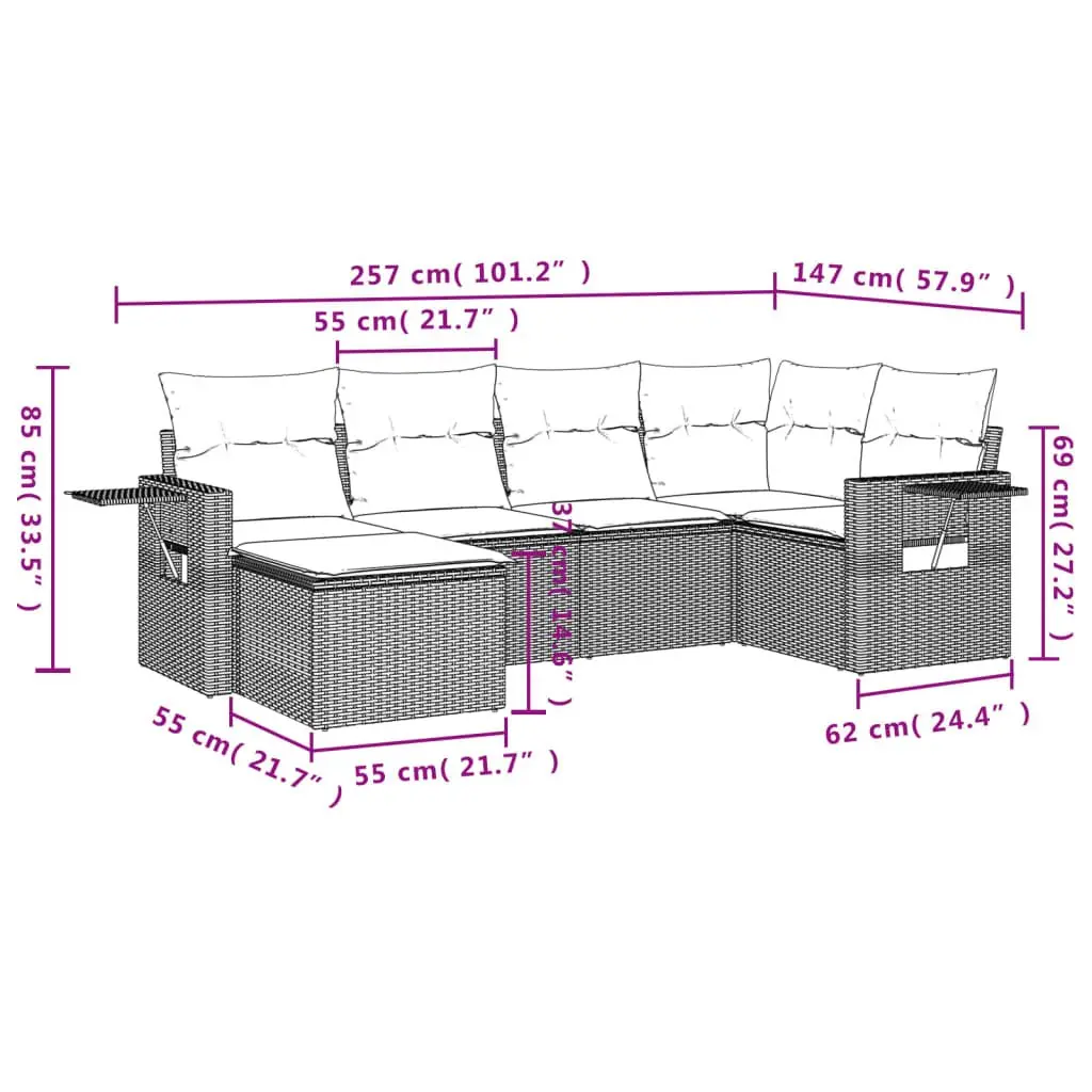 Outdoor Furniture Set Modular Black Poly Rattan 6 Piece Garden Sofa with Cushions and Foldable Side Tables