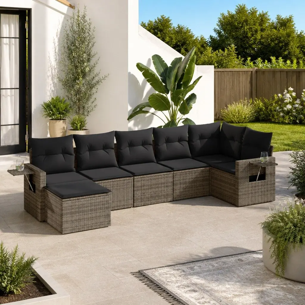 7 Piece Modular Sofa Set Outdoor Furniture Grey PE Rattan with Thick Cushions
