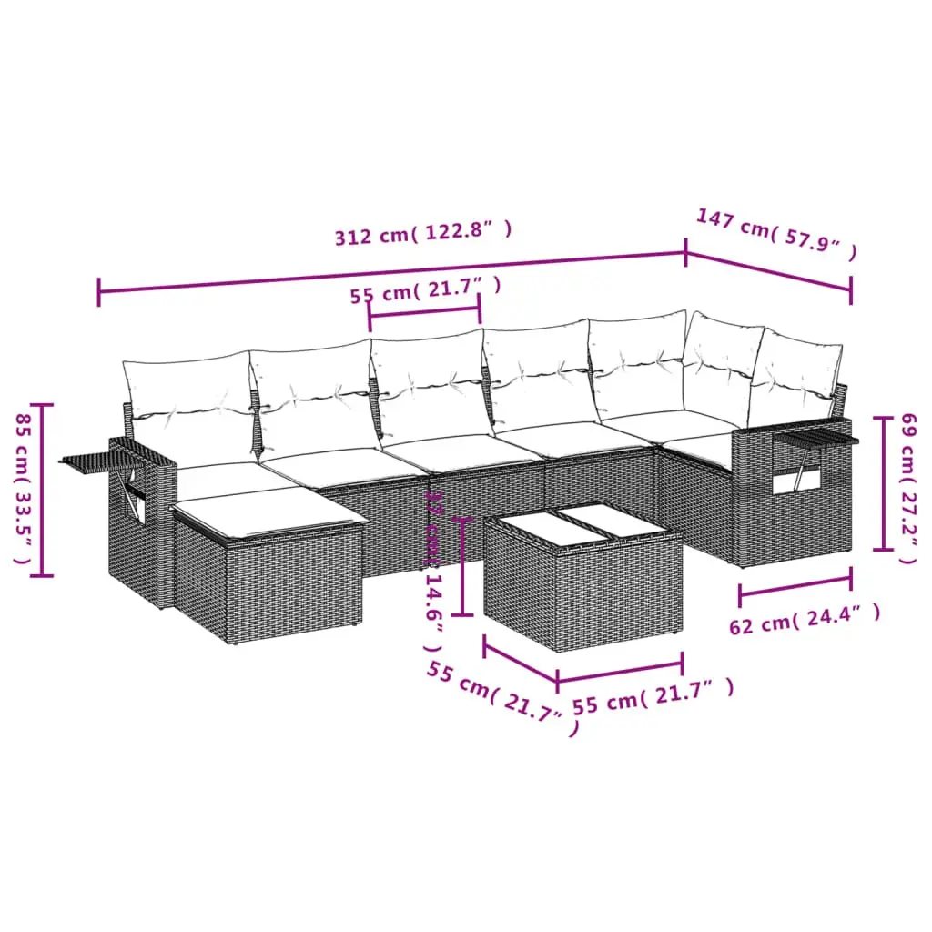 8 Piece Garden Sofa Set Grey Poly Rattan Outdoor Furniture with Cushions