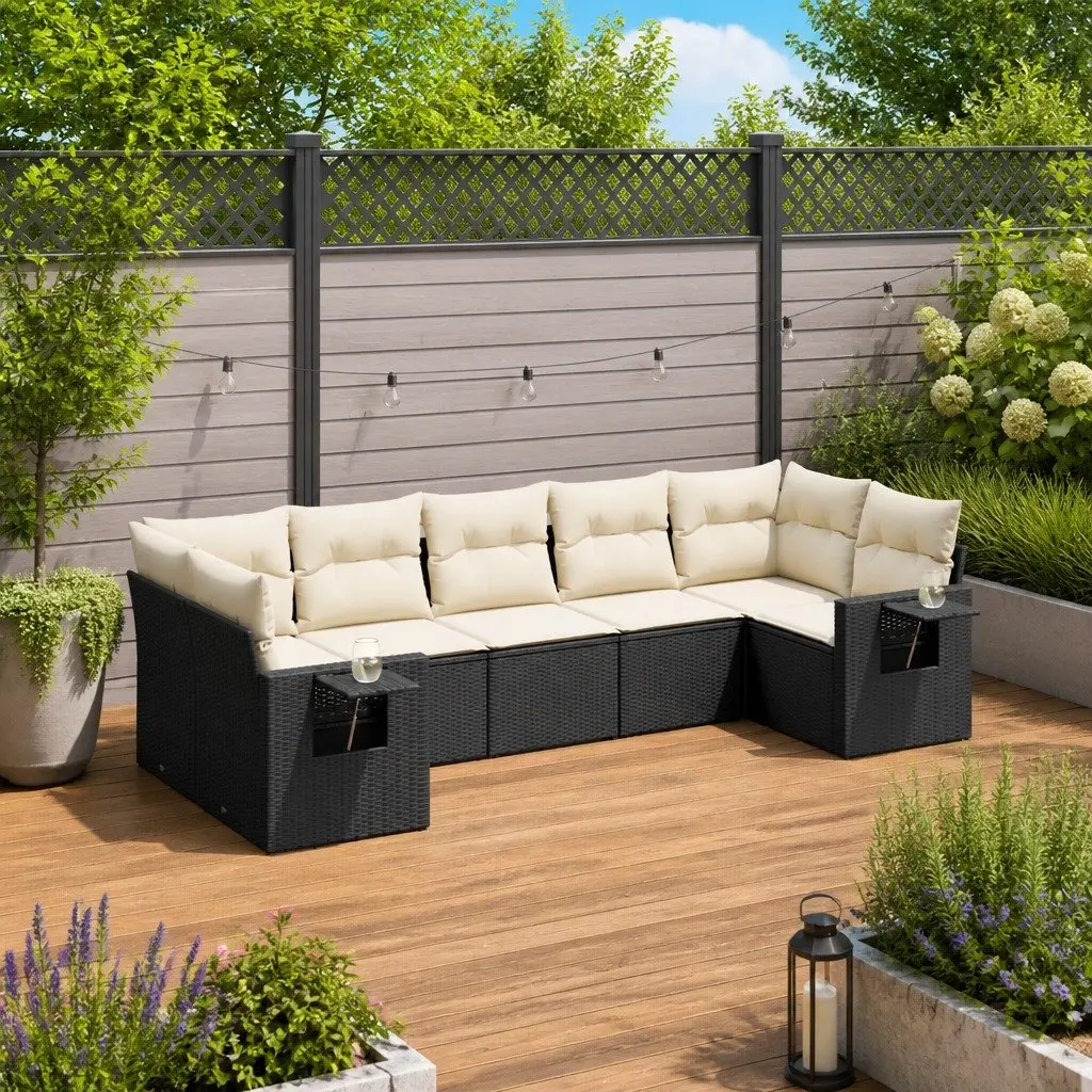 7 Piece Outdoor Garden Sofa Set Black Poly Rattan Patio Furniture with Cushions