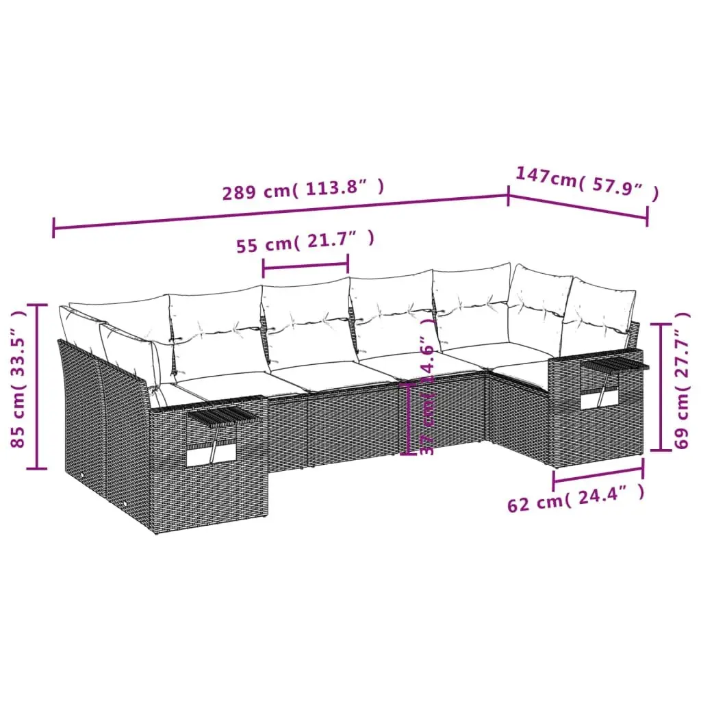 7 Piece Outdoor Garden Sofa Set Black Poly Rattan Patio Furniture with Cushions