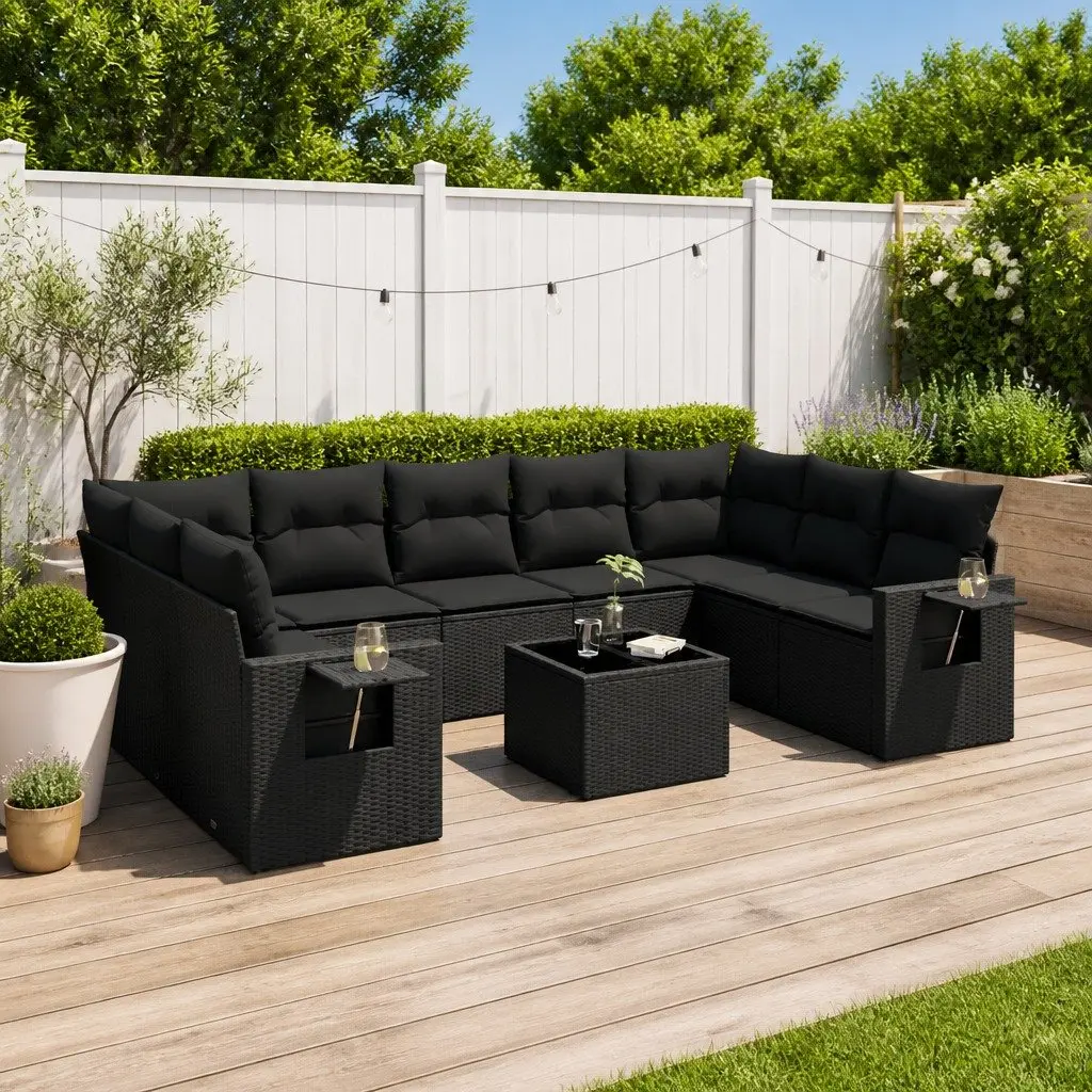 Garden Sofa Set 10 Piece Outdoor Furniture Black Poly Rattan with Cushions Patio