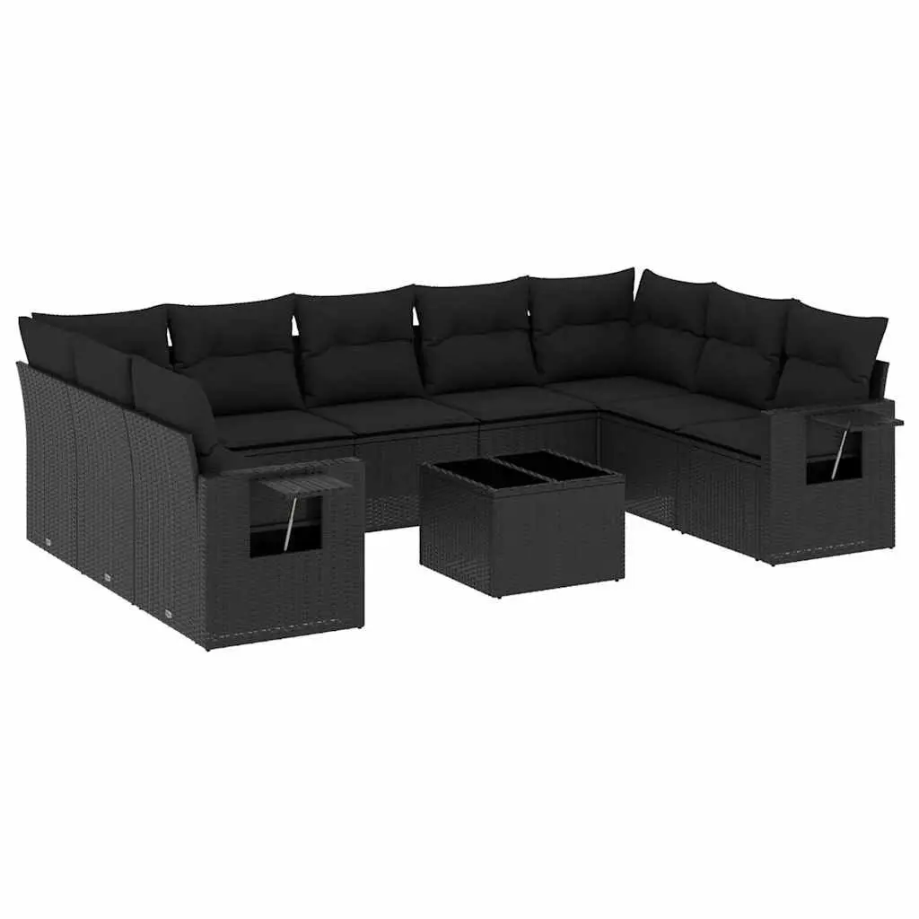 Garden Sofa Set 10 Piece Outdoor Furniture Black Poly Rattan with Cushions Patio