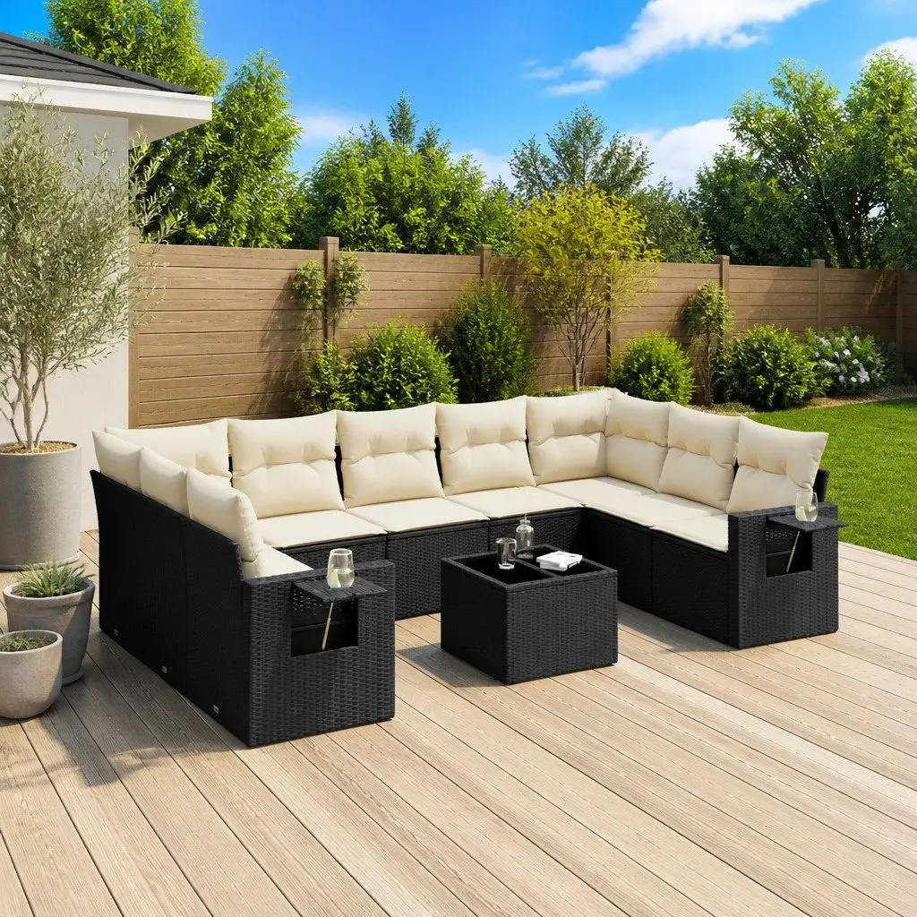 Garden Sofa Set 10 Piece Outdoor Furniture Black Poly Rattan with Cushions Patio