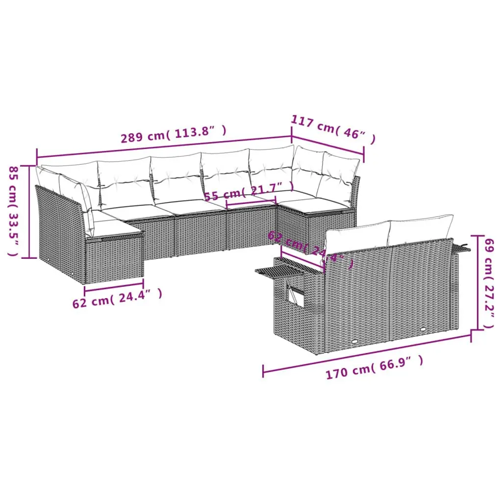 Modular Outdoor Sofa Set 9 Piece Grey PE Rattan Patio Furniture