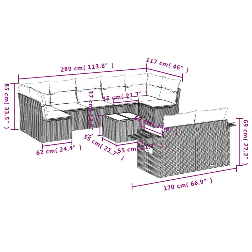 10 Piece Modular Garden Sofa Set Grey Poly Rattan with Cushions