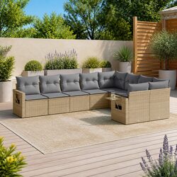 9 Piece Garden Sofa Set Beige Poly Rattan Outdoor Patio Furniture with Cushions