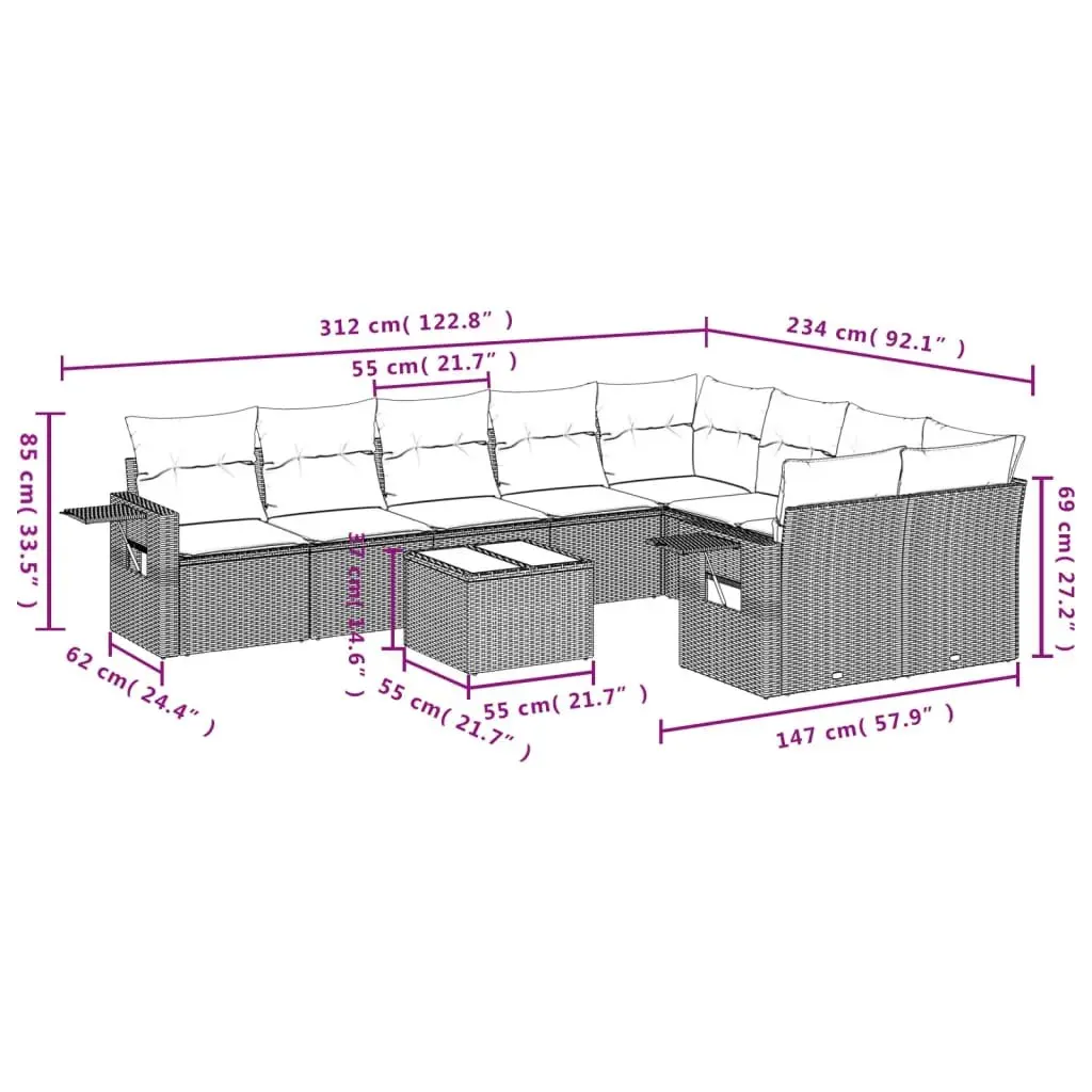 Garden Sofa Set 10 Piece Outdoor Furniture Patio Sectional with Cushions Black