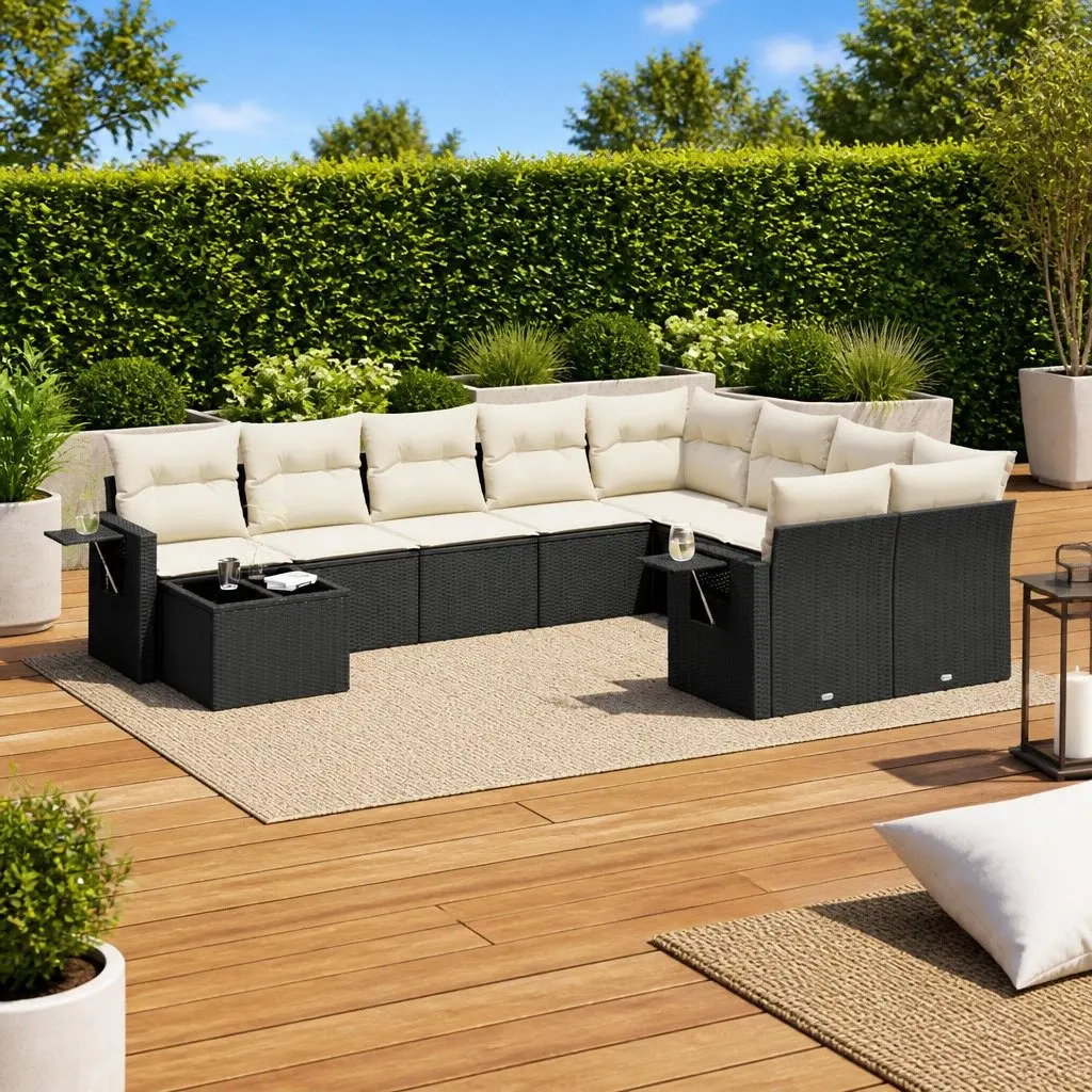 Garden Sofa Set 10 Piece Outdoor Patio Furniture Black Poly Rattan with Cushions