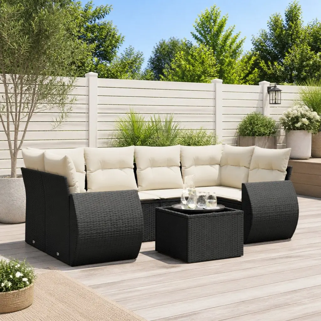 7 Piece Outdoor Garden Sofa Set Black Poly Rattan with Cushions