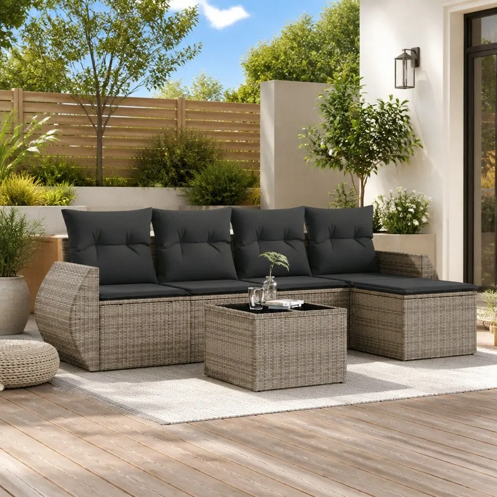 Modular Outdoor Garden Sofa Set 6 Piece Grey PE Poly Rattan Furniture with Tempered Glass Top and Thick Cushions