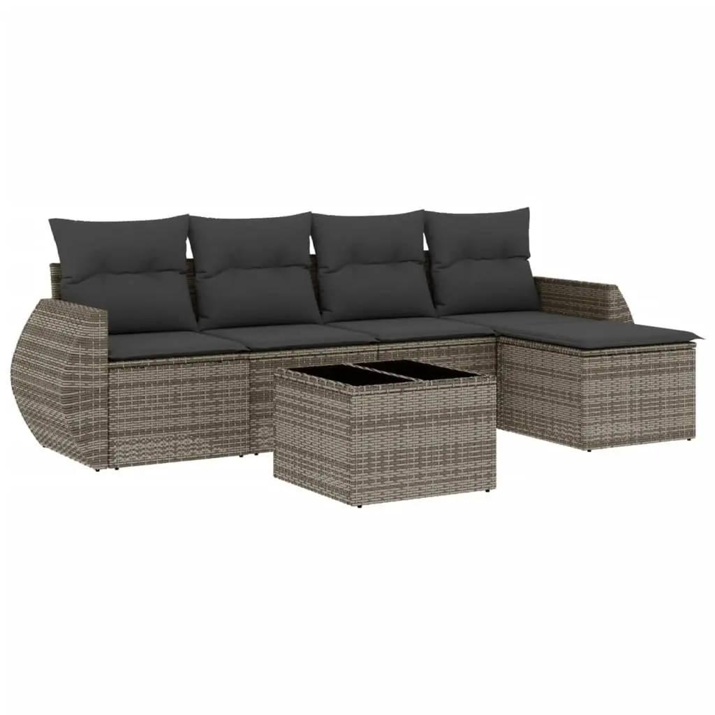 Modular Outdoor Garden Sofa Set 6 Piece Grey PE Poly Rattan Furniture with Tempered Glass Top and Thick Cushions