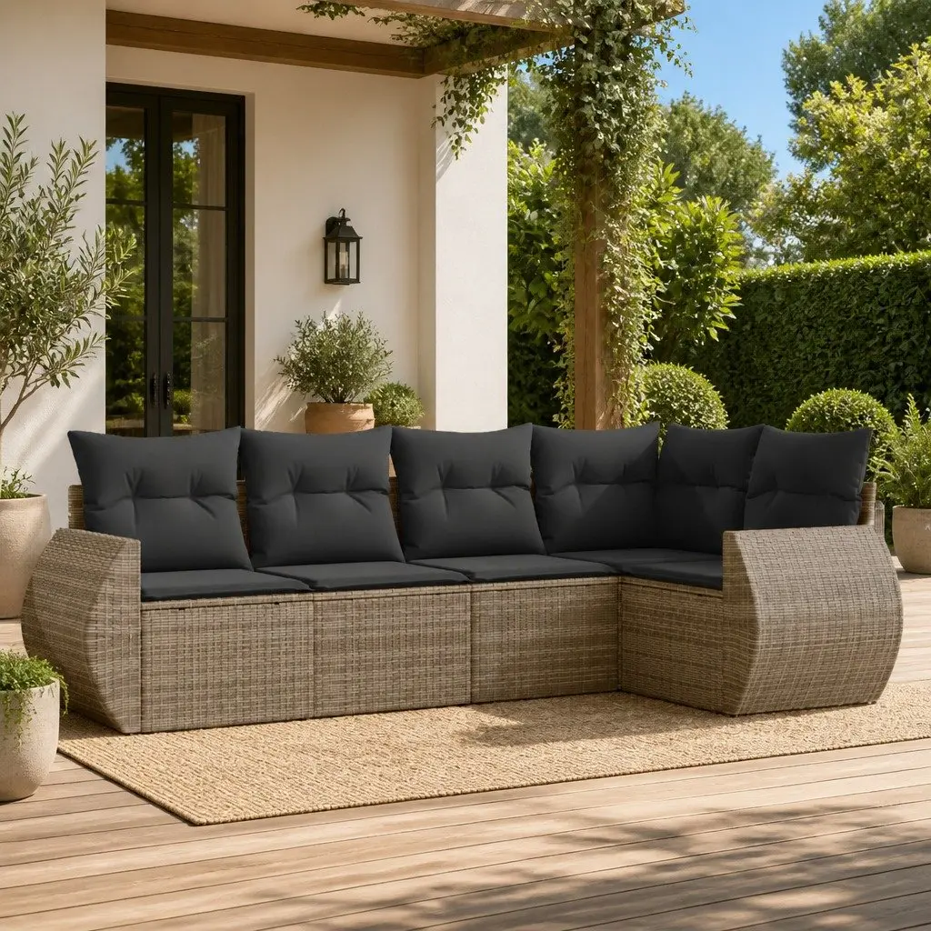 5 Piece Modular Outdoor Garden Sofa Set with Cushions Grey Rattan