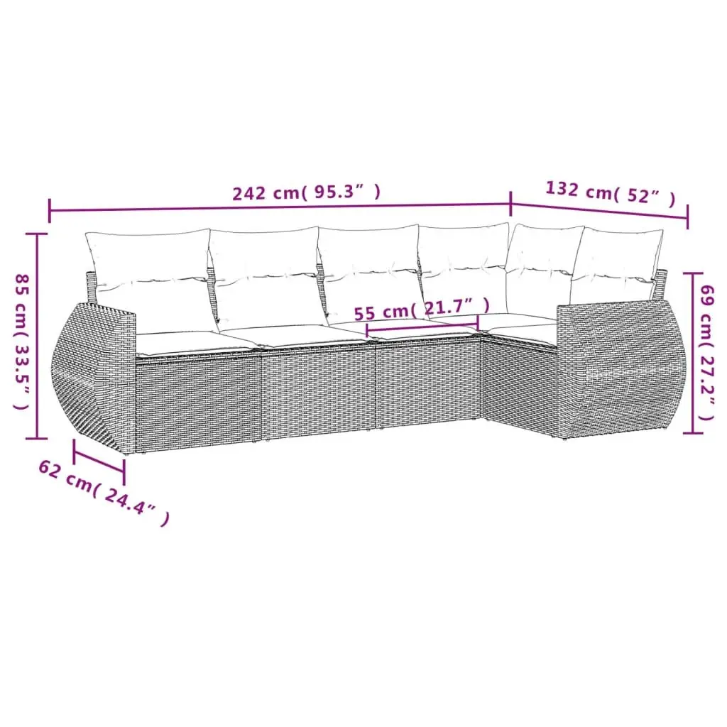 5 Piece Modular Outdoor Garden Sofa Set with Cushions Grey Rattan