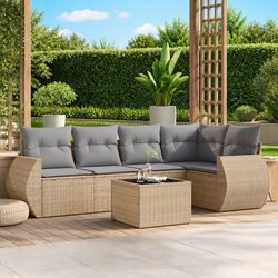 Garden Sofa Set 6 Piece Outdoor Furniture with Cushions Beige Poly Rattan Patio