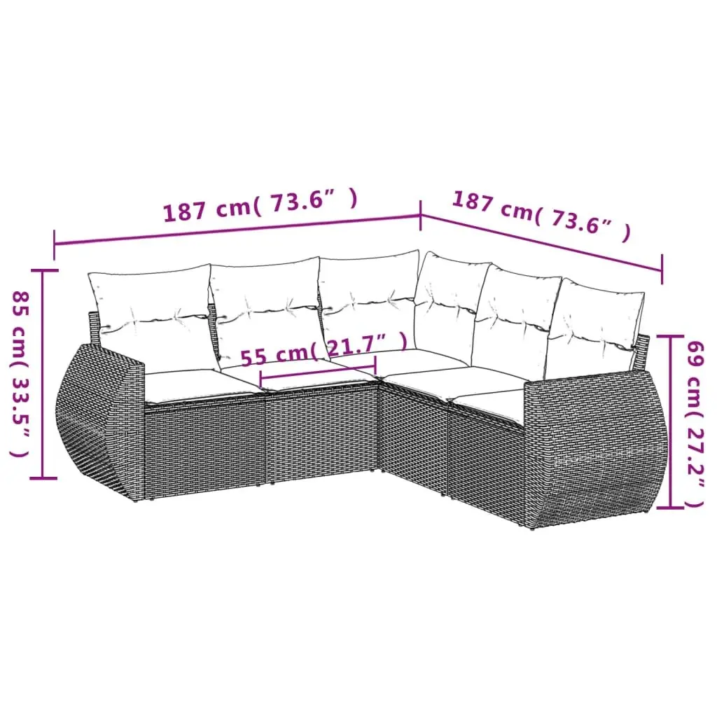 5 Piece Garden Sofa Set Grey Durable PE Rattan with Cushions Outdoor Furniture