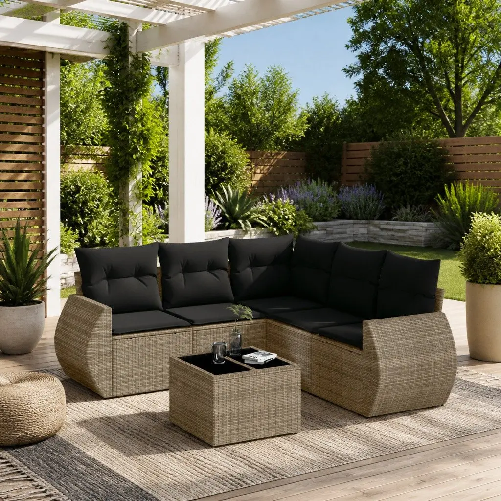 Garden Sofa Set 6 Piece Outdoor Furniture Grey Poly Rattan with Cushions Patio