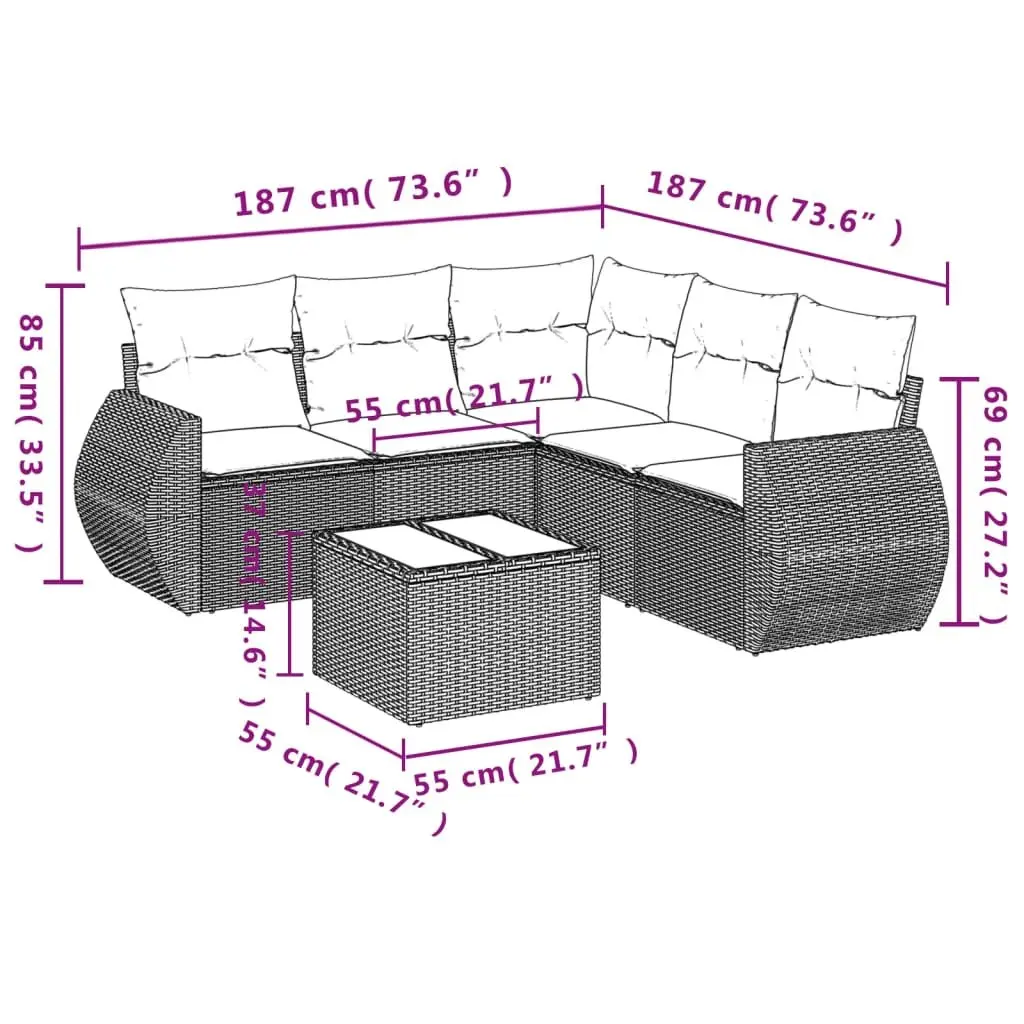 Garden Sofa Set 6 Piece Outdoor Furniture Grey Poly Rattan with Cushions Patio