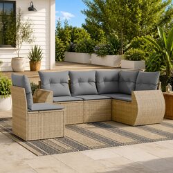 Garden Sofa Set 5 Piece Outdoor Furniture Beige Poly Rattan Patio Lounge with