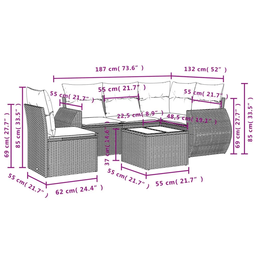 Garden Sofa Set 6 Piece Outdoor Furniture Grey Poly Rattan Modular Patio Seating